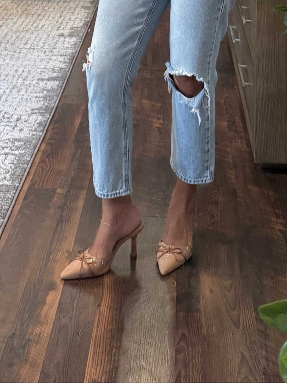 Pointed Nude Heels with Silver & Bow Accents